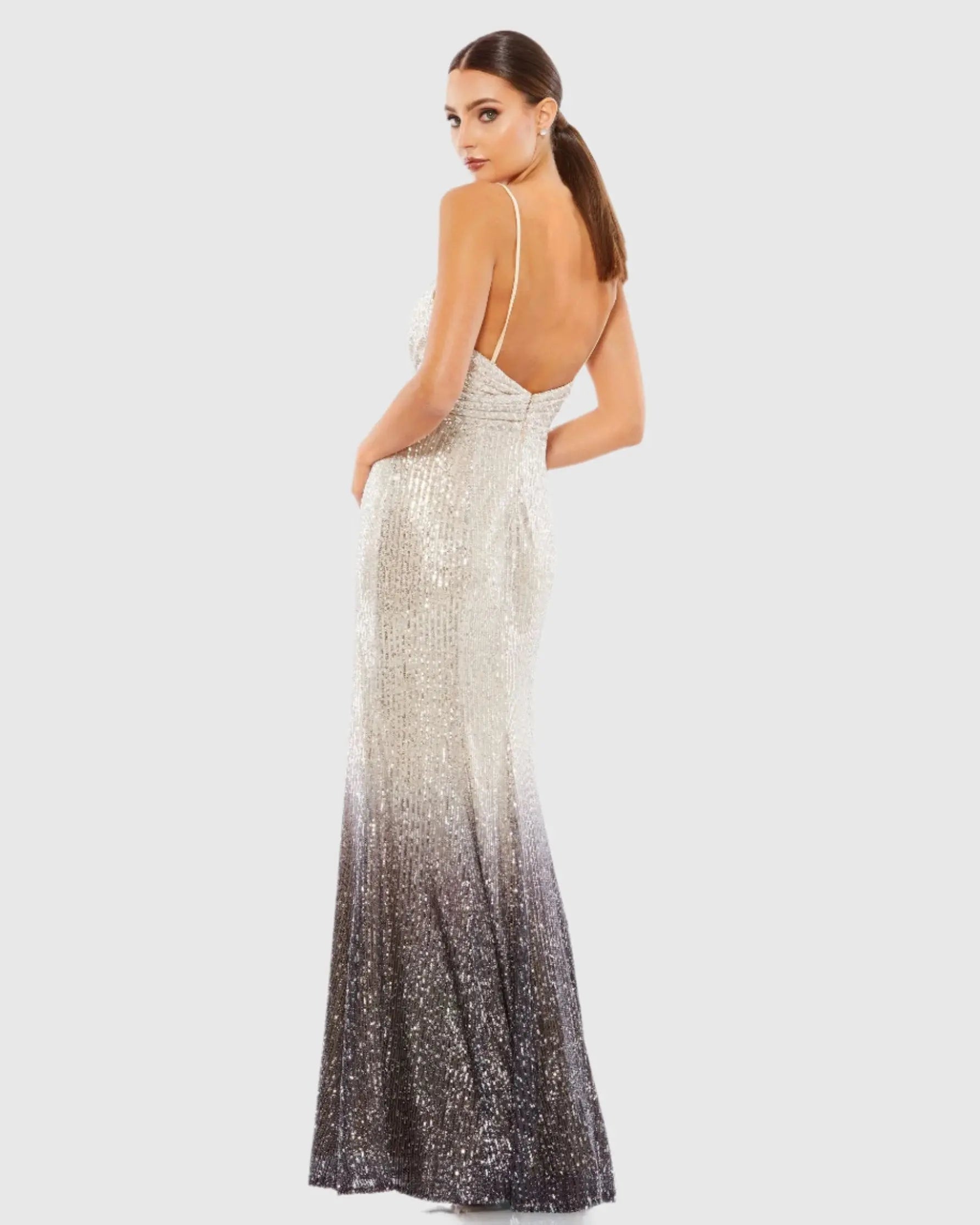 Gray Plunge Neck Ombre Sequin Gown