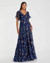 Multicolor Flounce Sleeve Floral Maxi Dress