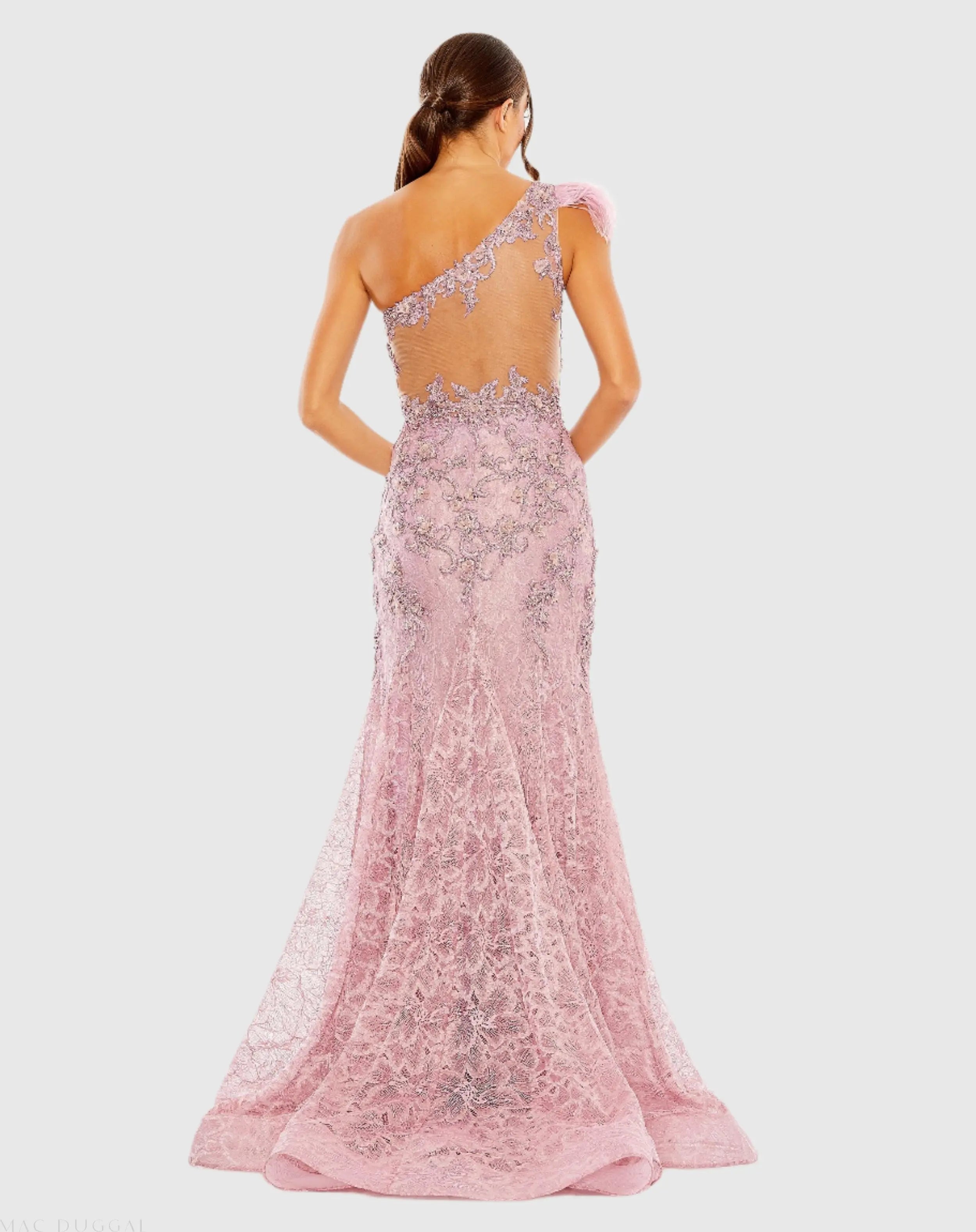 Pink Embroidered Applique Feathered One Shoulder Trumpet Gown