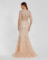 Pink Embroidered Illusion Long Sleeve Trumpet Gown