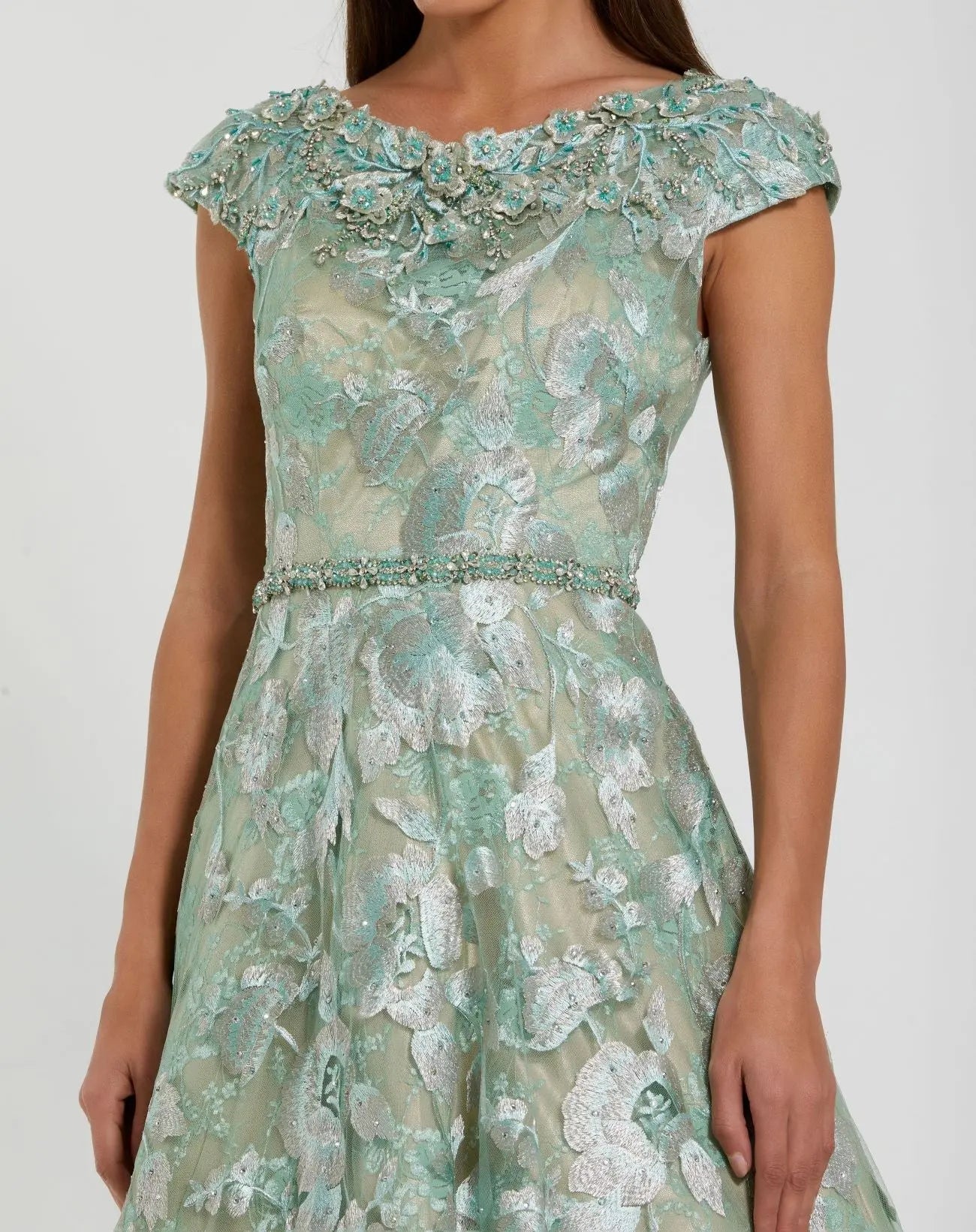 Green Embellished Cap Sleeve High Neck A-Line Ballgown