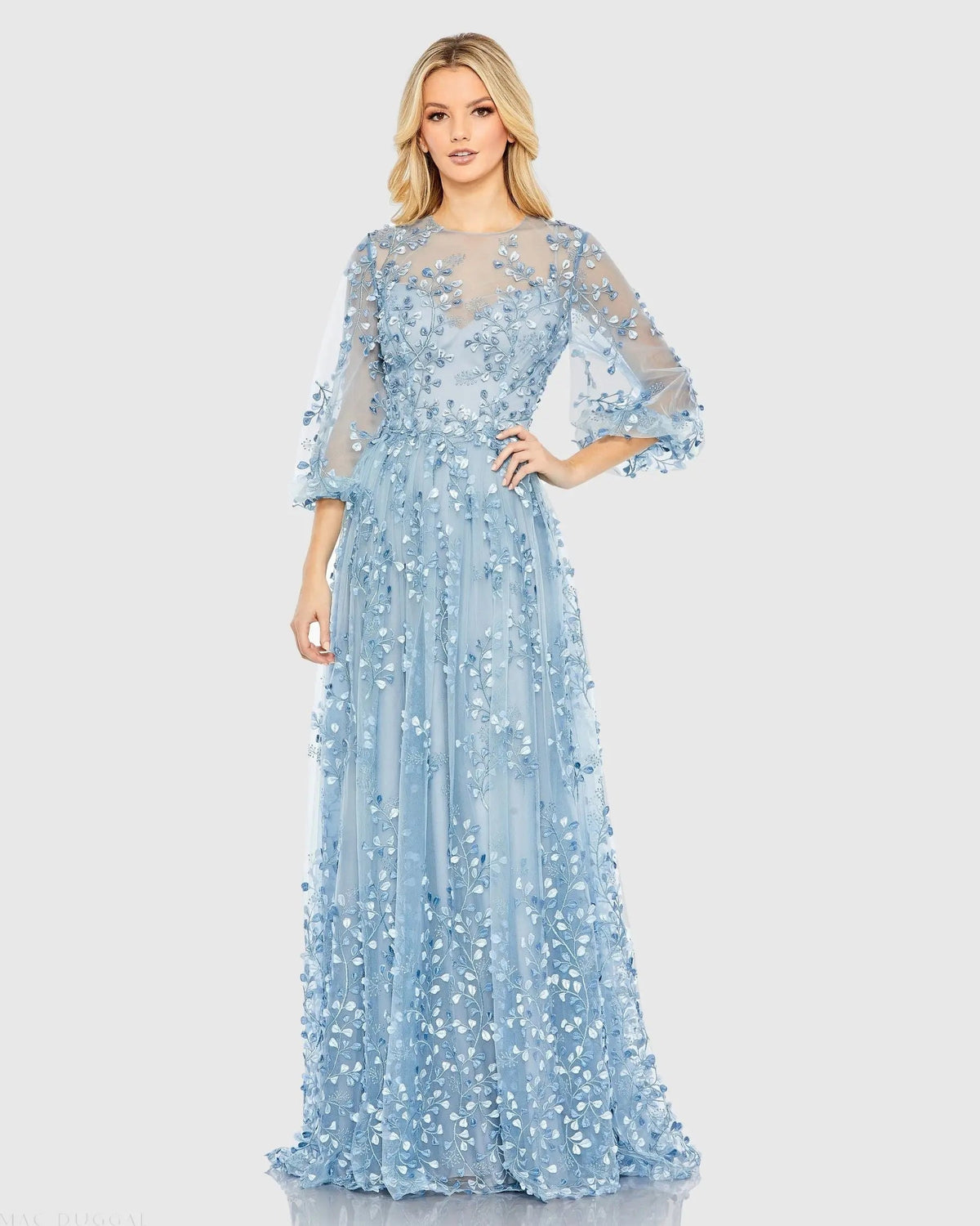 Blue Embroidered Puff Sleeve A-Line Gown