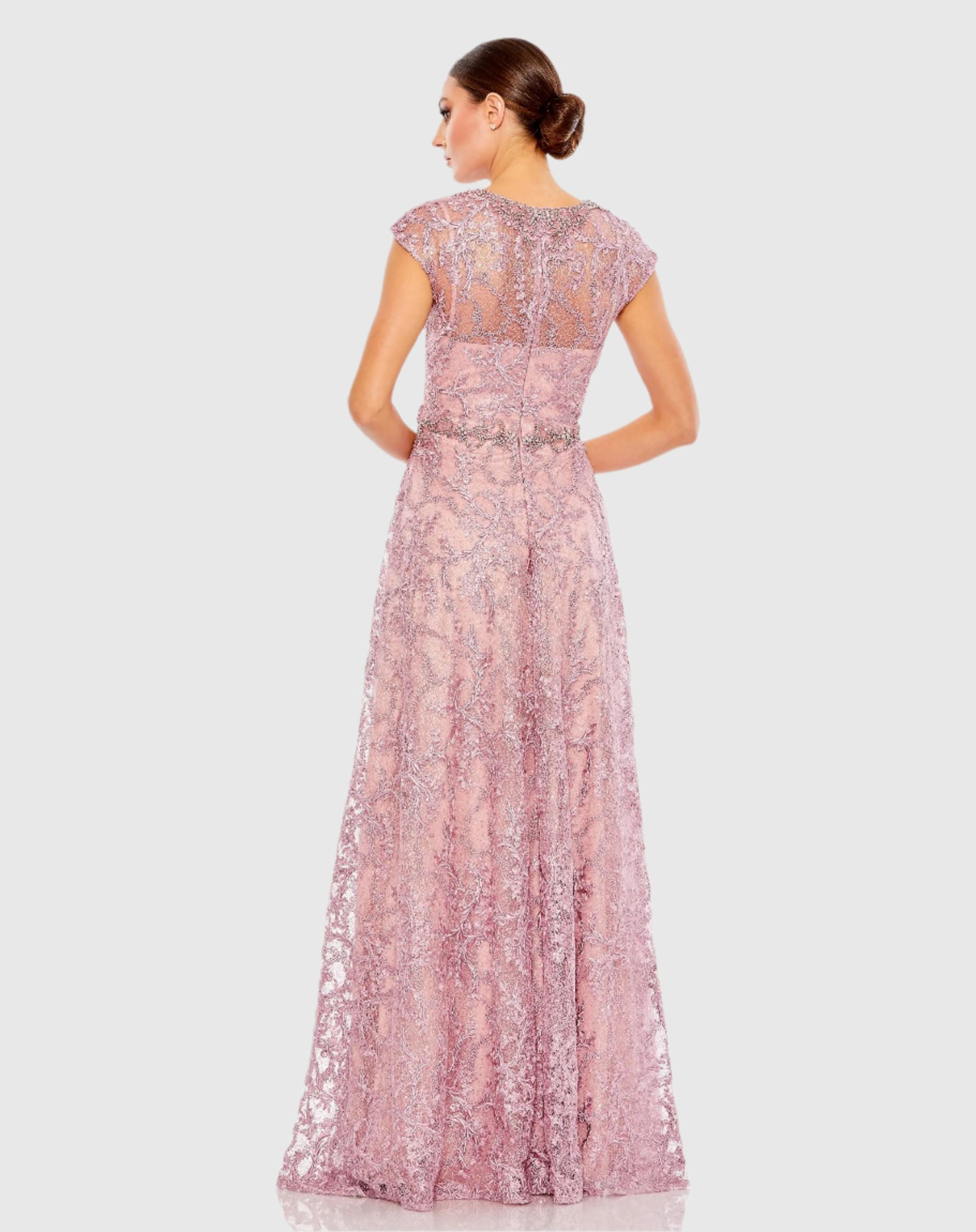 Pink Embroidered Cap Sleeve A Line Gown