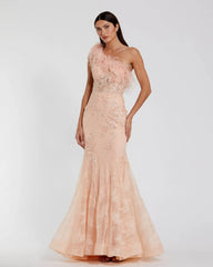 Pink One Shoulder Feather Embellished Mermaid Gown