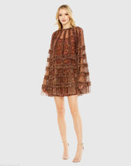 Brown Floral Print Long Flare Sleeve Mesh A-Line Dress