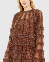 Brown Floral Print Long Flare Sleeve Mesh A-Line Dress