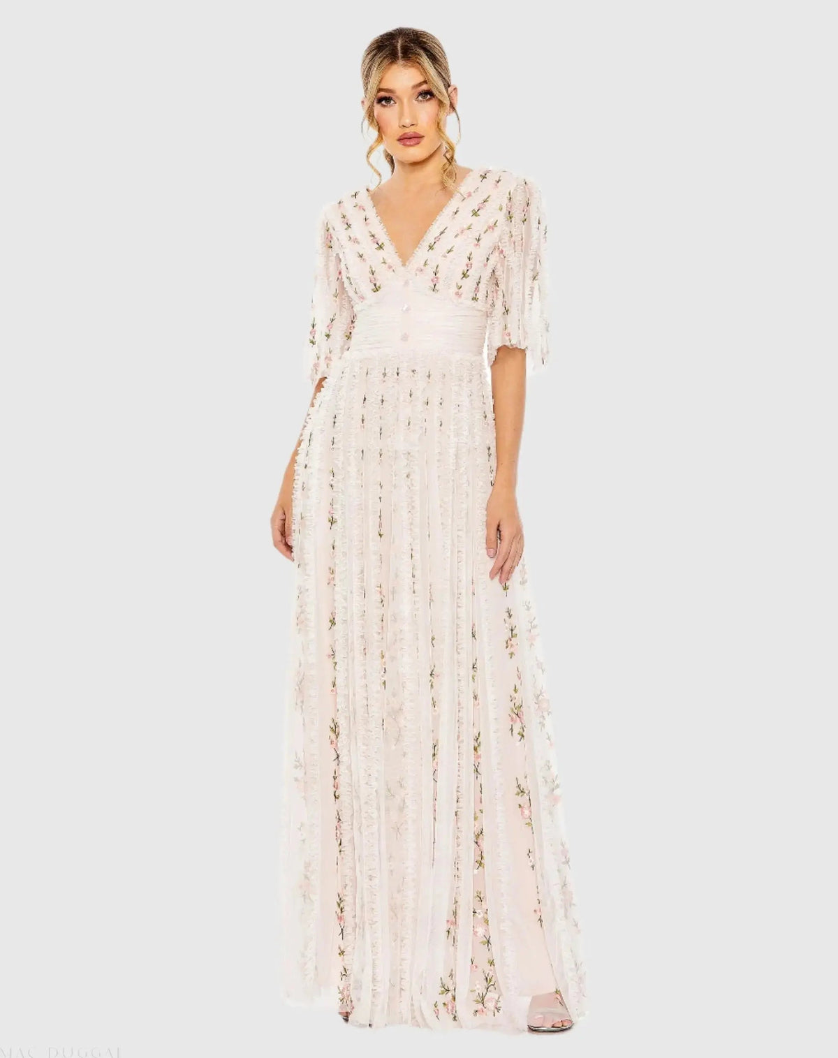 Pink Floral V-Neck Ruffle Detail Empire Waist Gown