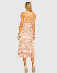 Pink Sleeveless V Neck Floral Mesh Ruffle Midi Dress