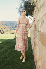 Pink Sleeveless V Neck Floral Mesh Ruffle Midi Dress