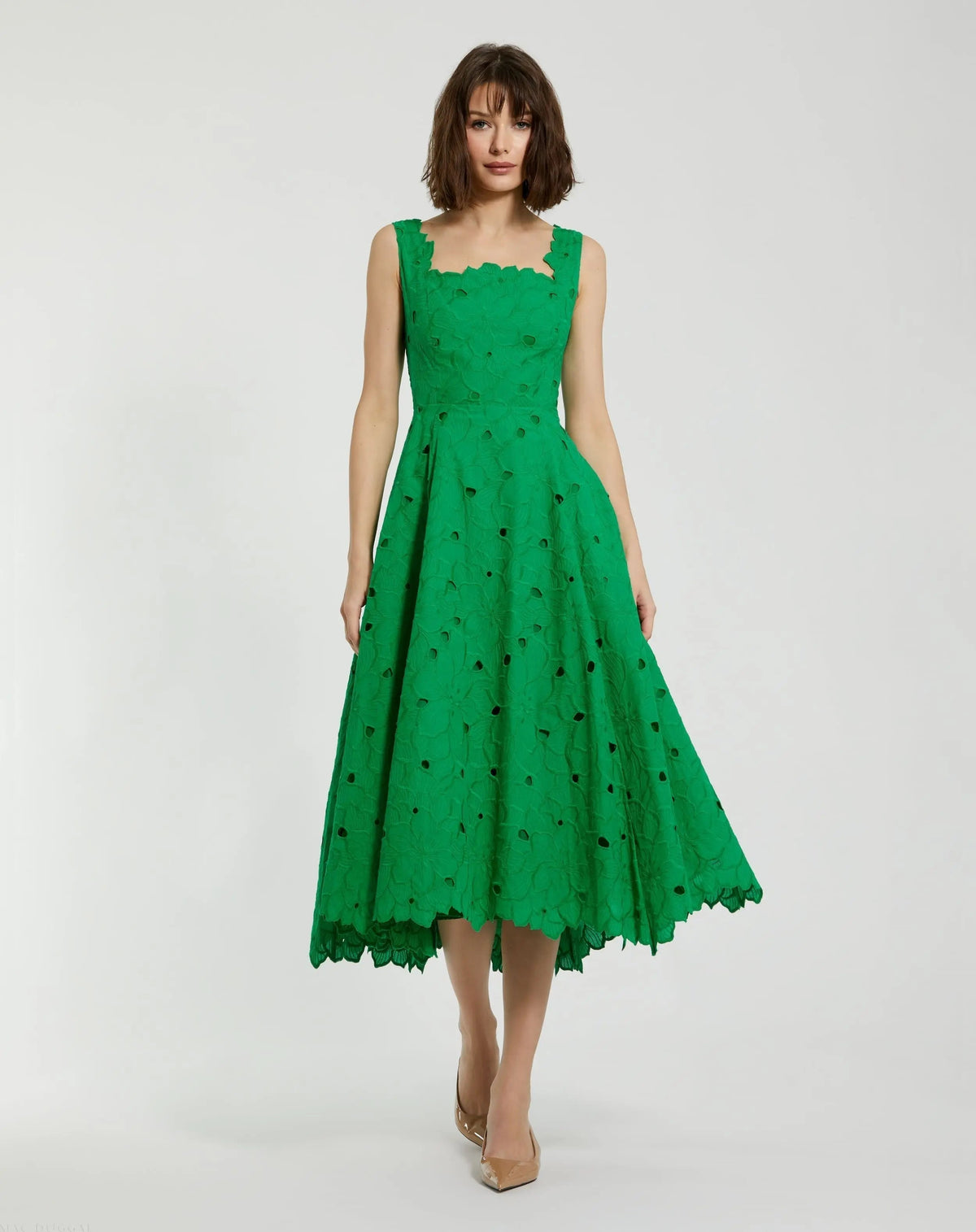 Green Embroidered Floral A Line Midi Dress