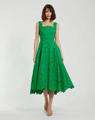 Green Embroidered Floral A Line Midi Dress