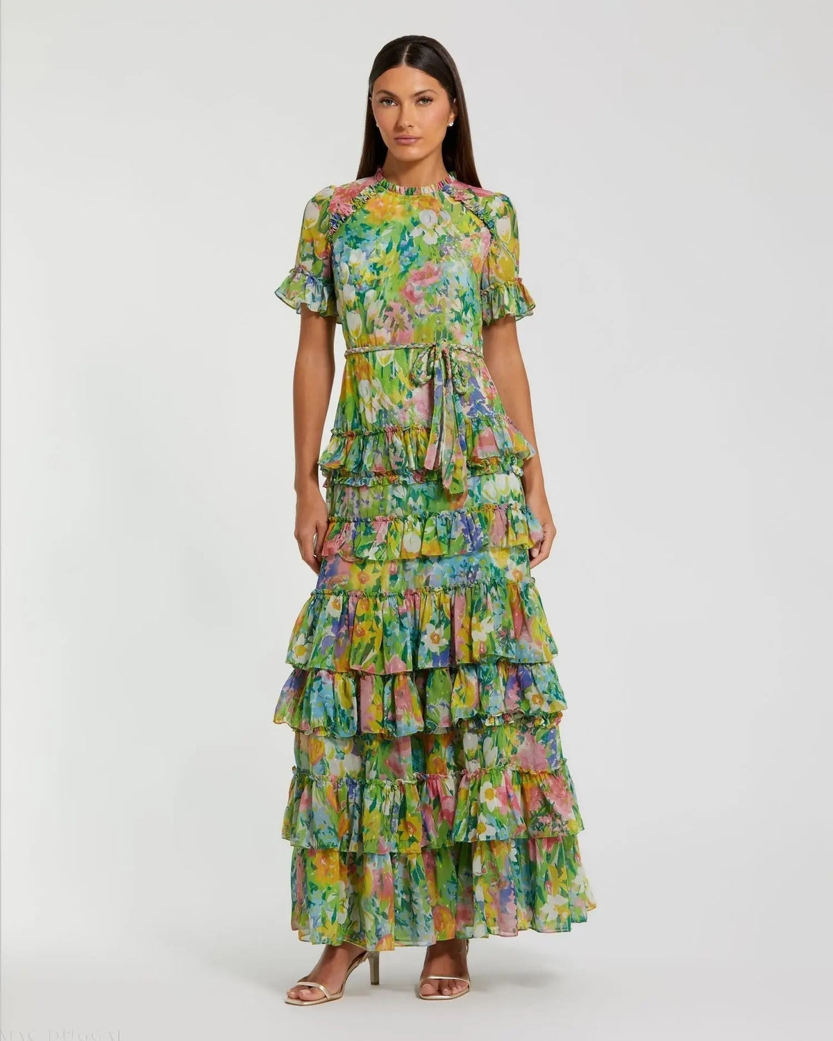 Green Ruffle Tiered Chiffon Floral Dress