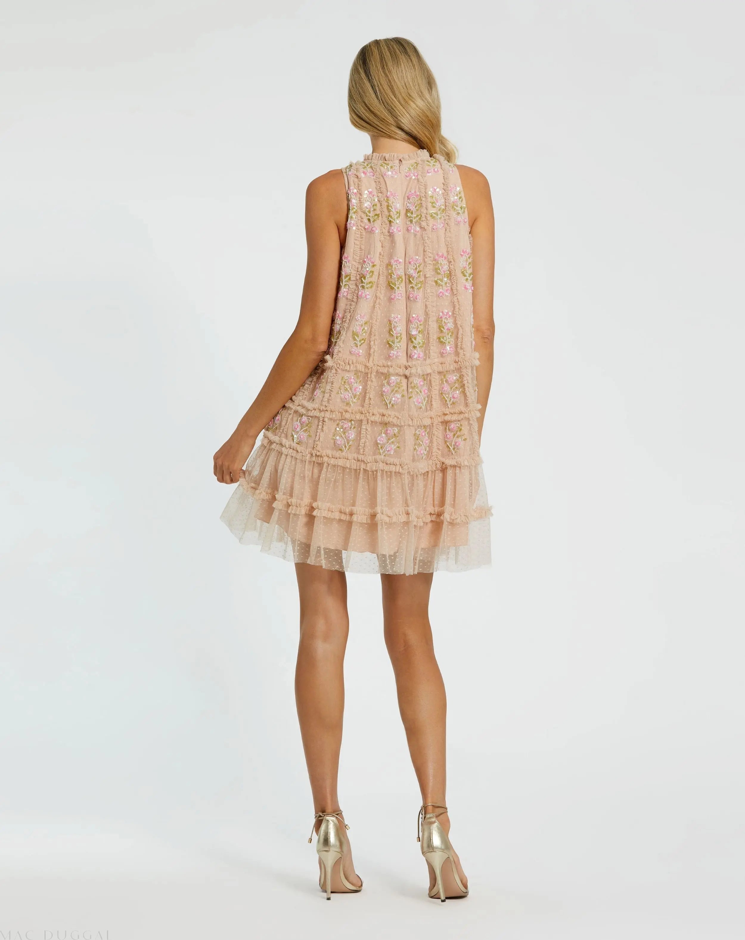 Beige Sleeveless High Neck Beaded Ruffle Mini Dress