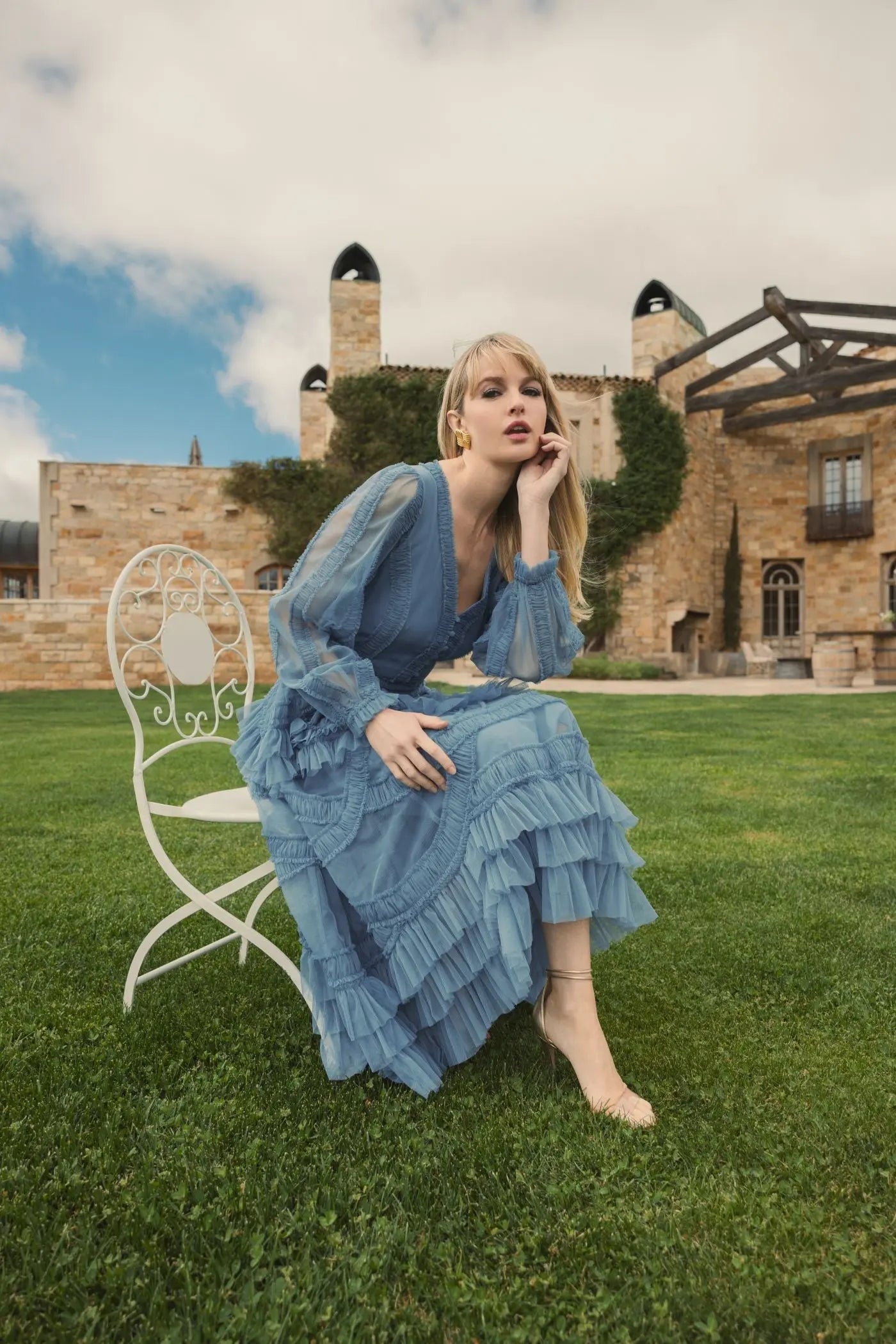 Blue Long Sleeve V-Neck Micro Ruffle Midi Dress