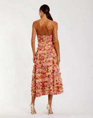Pink Floral Strapless Ruffle Midi Dress