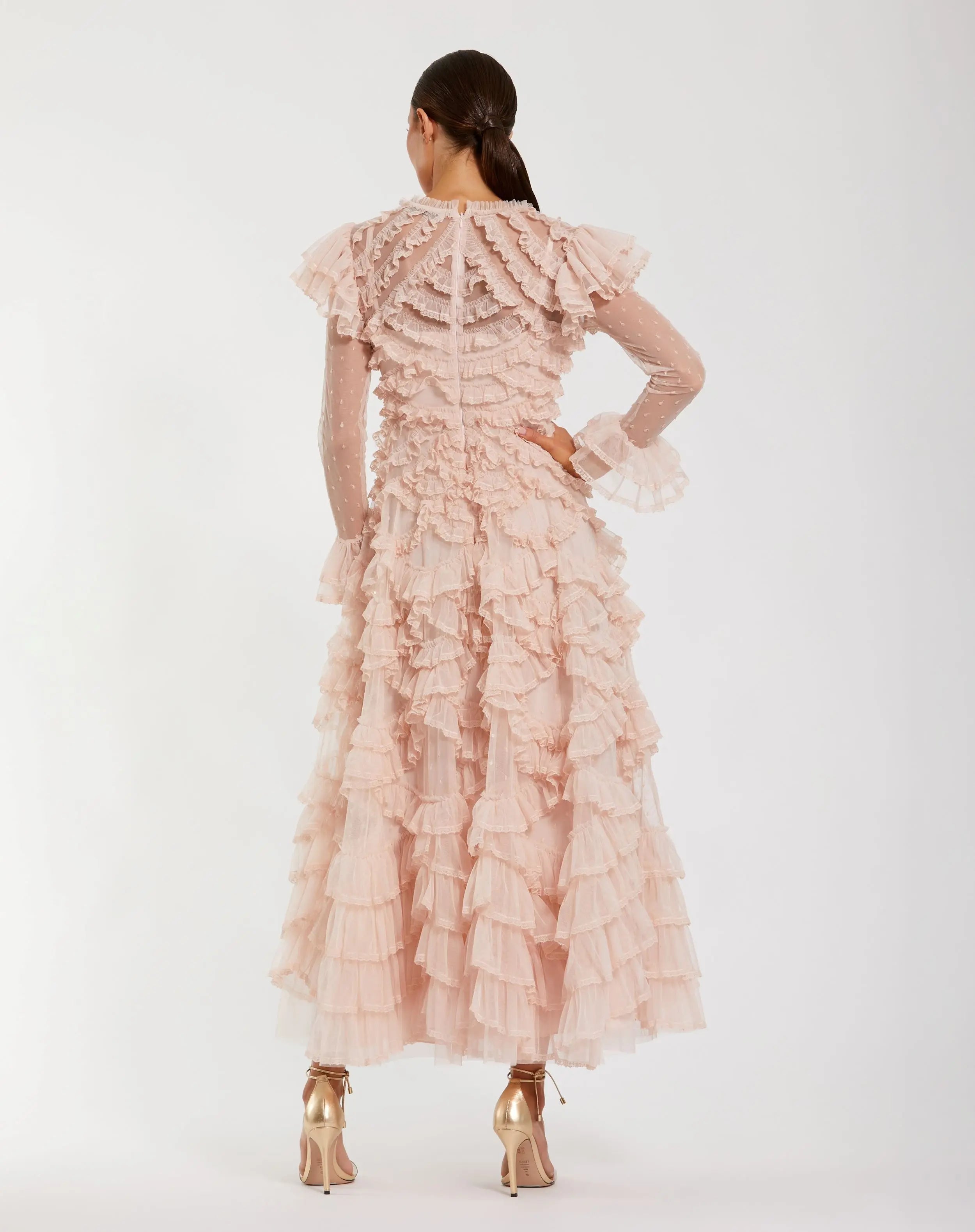 Pink Tiered Ruffle Trim Long Sleeve Midi Dress