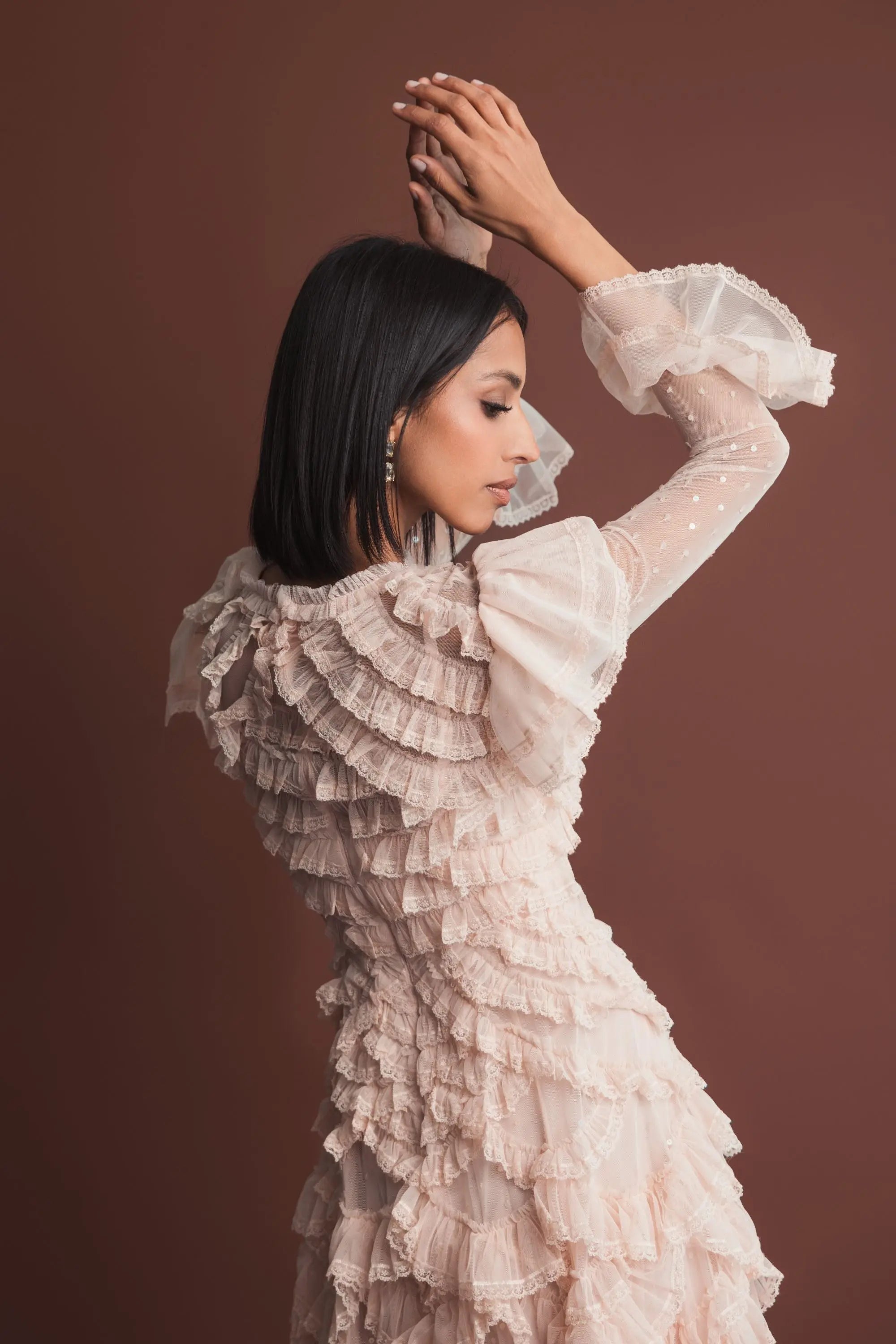 Pink Tiered Ruffle Trim Long Sleeve Midi Dress