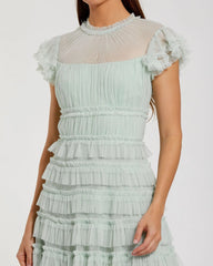 Green Ruffle High Neck Cap Sleeve Midi Dress