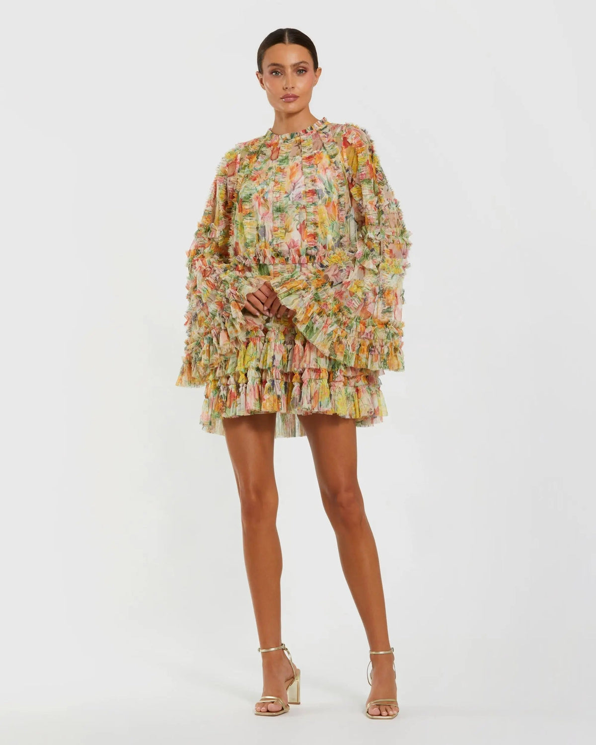 Multicolor Printed Mesh Ruffle High Neck Mini Dress
