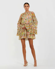 Multicolor Printed Mesh Ruffle High Neck Mini Dress