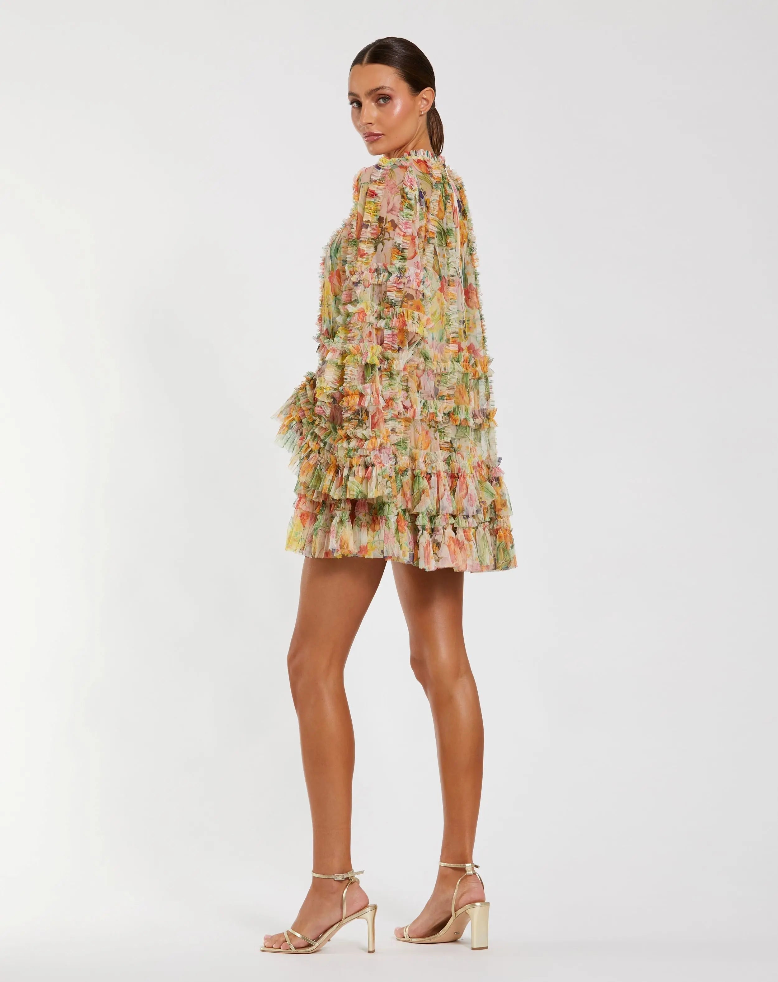 Multicolor Printed Mesh Ruffle High Neck Mini Dress