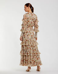 Beige Floral Tiered Ruffle Midi Dress with Long Sleeves