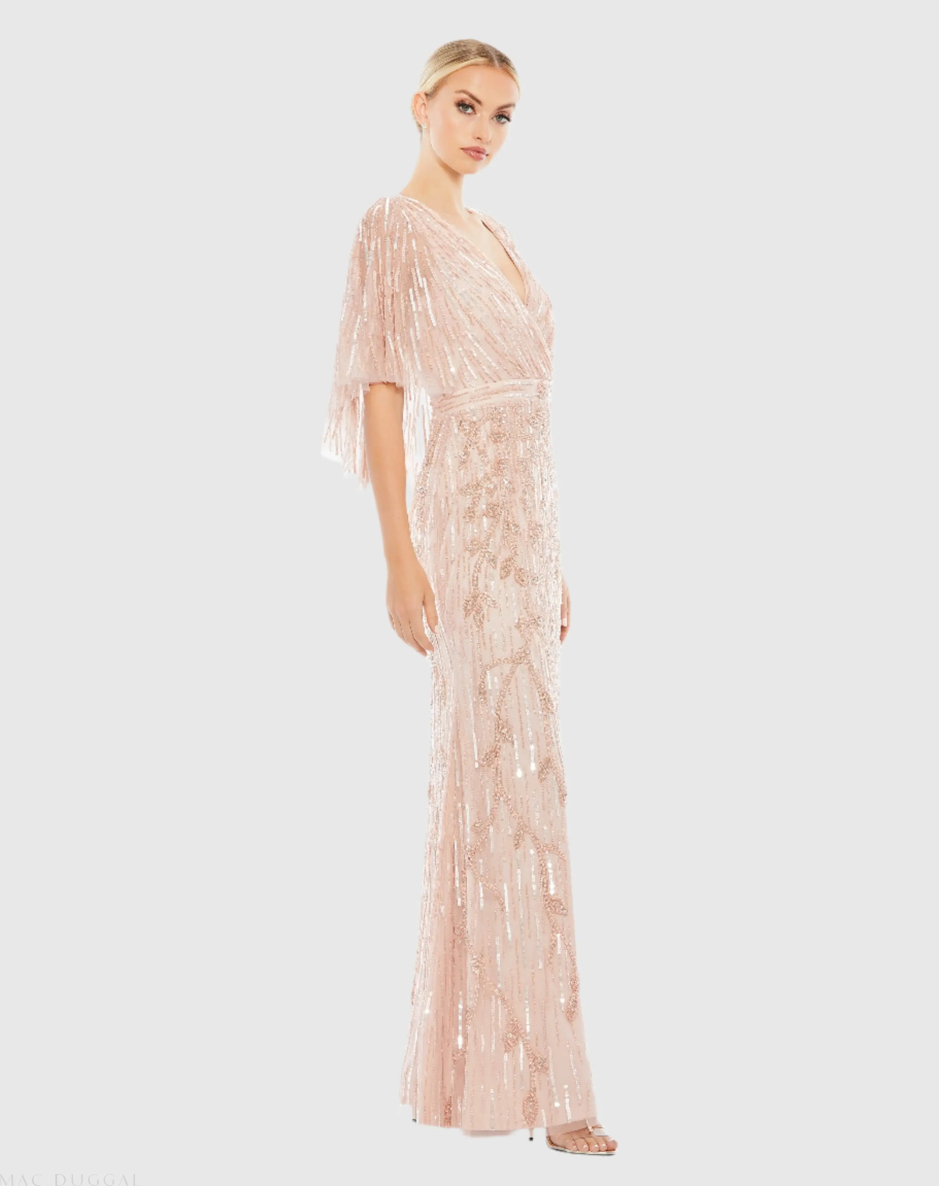 Pink Embellished Cap Sleeve Faux Wrap Trumpet Gown