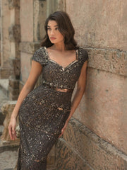 Brown Sequin Cap Sleeve Sweetheart Column Gown