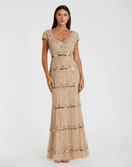 Gold Sequin Cap Sleeve Sweetheart Column Gown