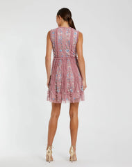 Pink Sleeveless High Neck Embroidered Mini Dress