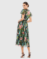 Multicolor Floral Illusion Cap Sleeve Midi Dress