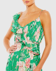 Green Floral Print Ruffled Wrap Over A Line Gown