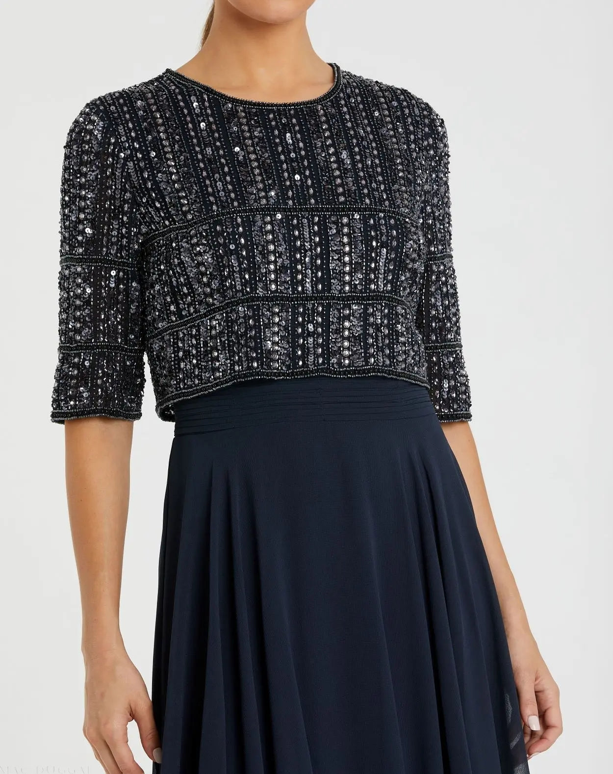 Navy Chiffon Gown w/ Fully Beaded 3/4 Sleeve Top
