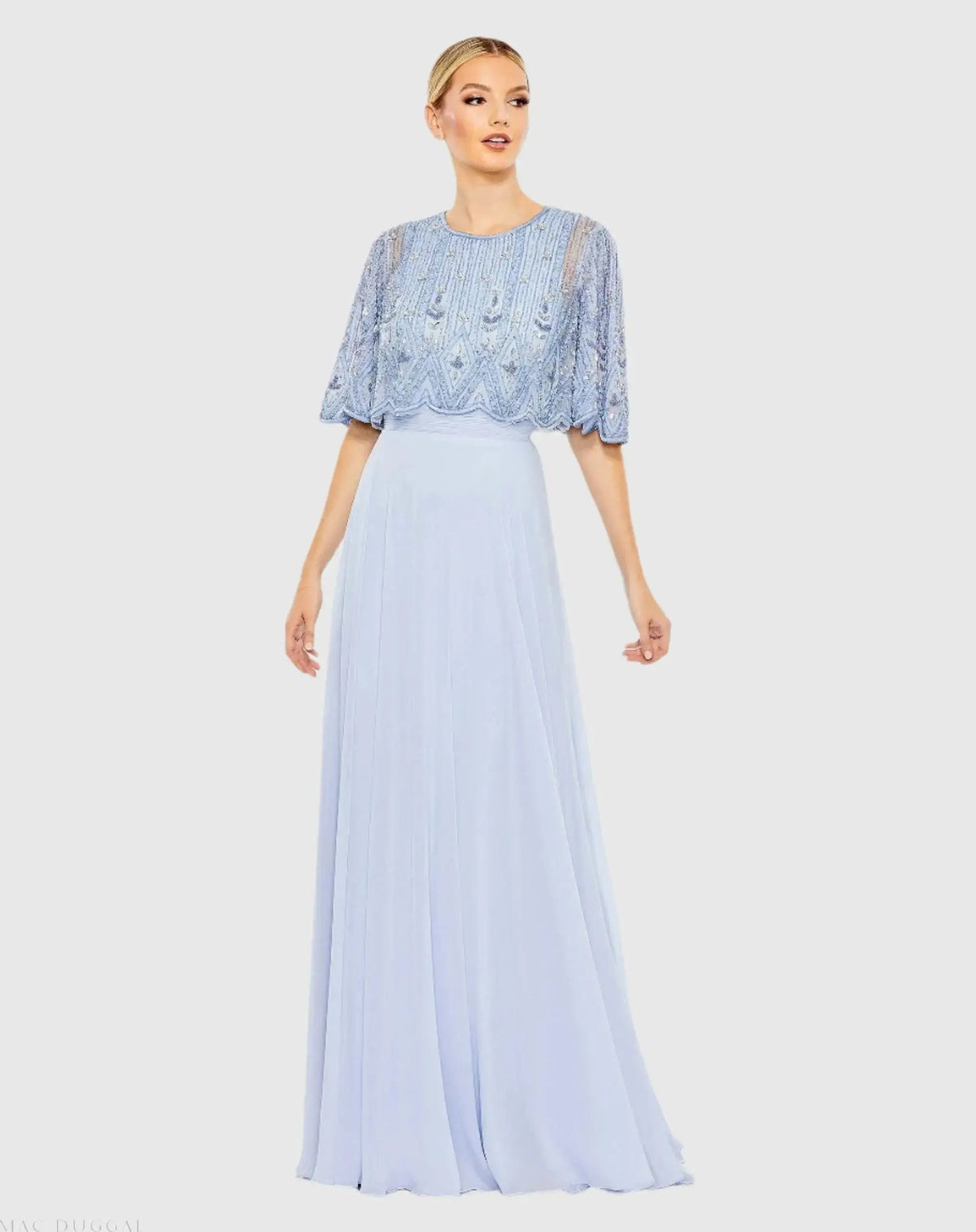 Blue Beaded Overlay A-Line Gown