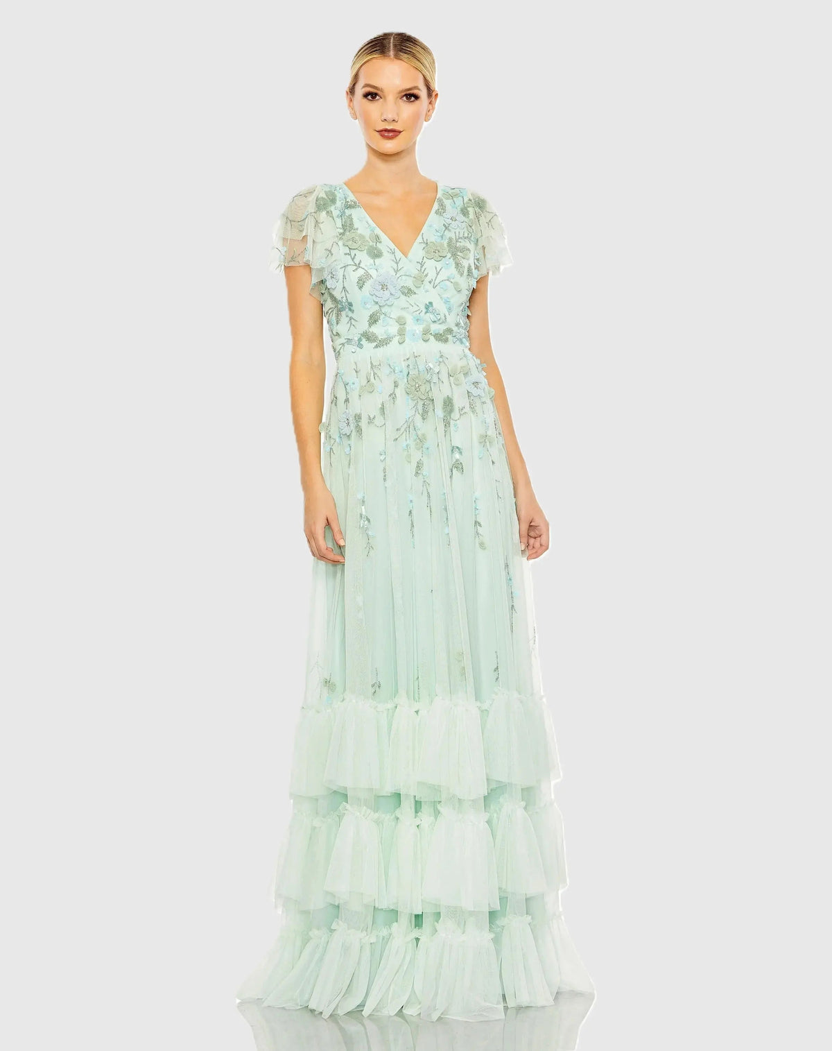 Green Ruffle Tiered Embellished Faux Wrap Flutter Sleeve Gown