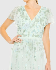 Green Ruffle Tiered Embellished Faux Wrap Flutter Sleeve Gown