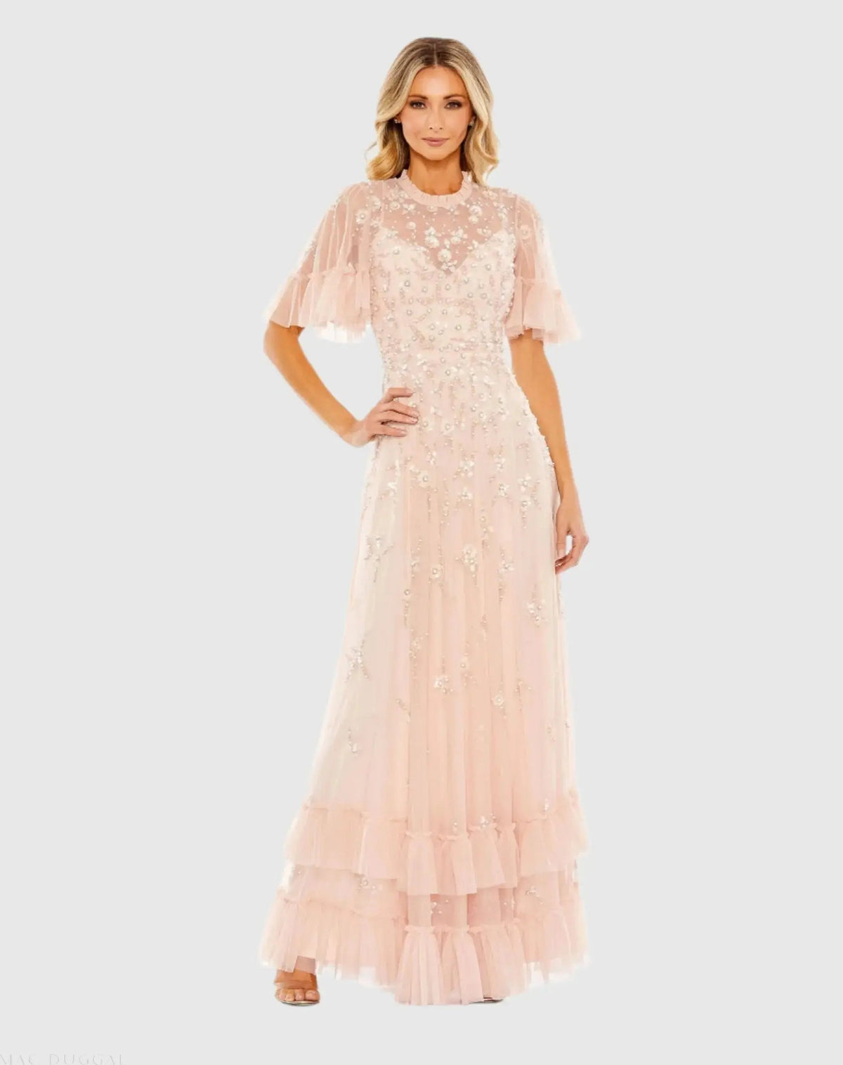 Pink Ruffled Floral Embellished Flutter Sleeve A-Line Gown