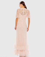 Light Pink Ruffled Floral Embellished Flutter Sleeve A Line Dress