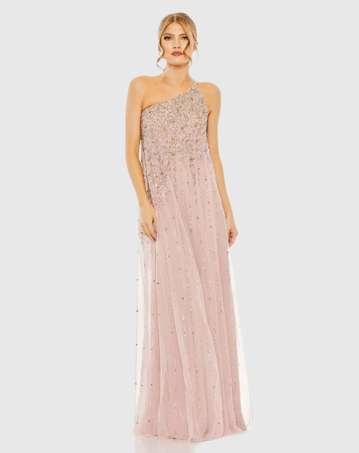 Pink One Shoulder Embellished Evening Gown