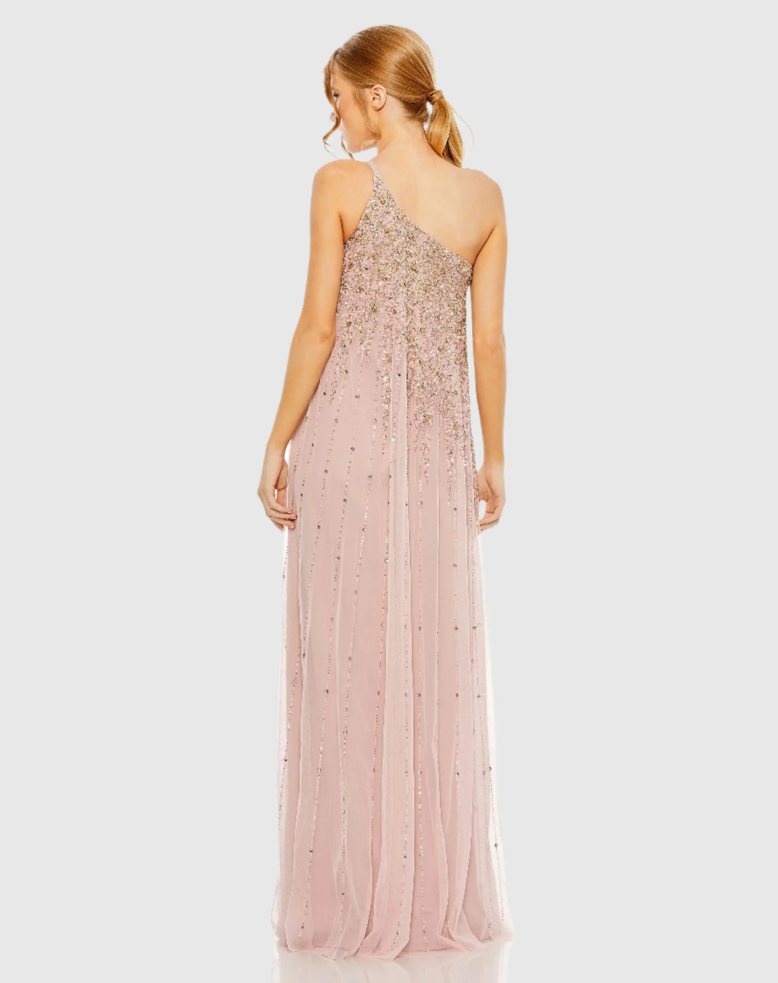 Pink One Shoulder Embellished Evening Gown