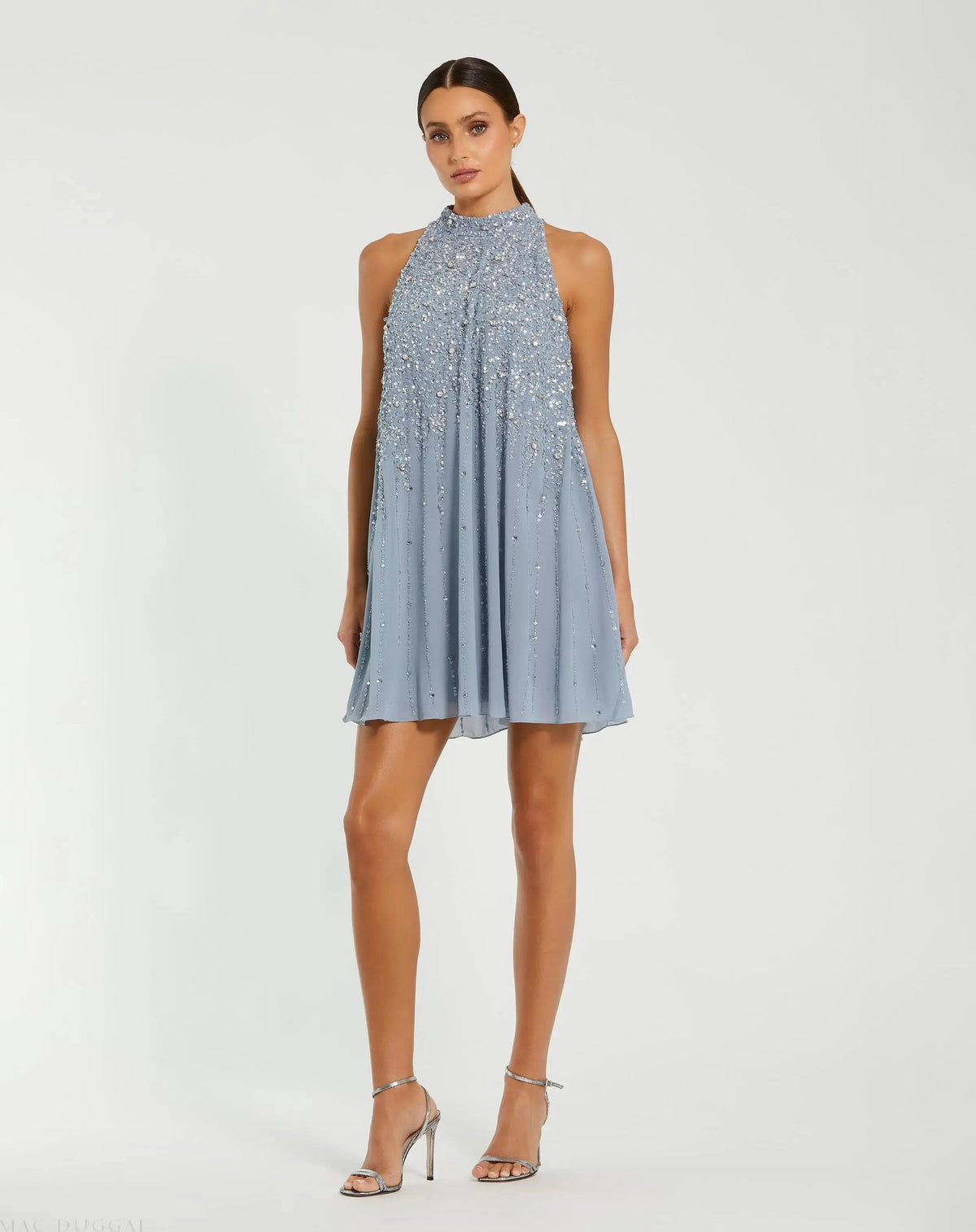 High Neck Sleeveless Sequin Embellished Trapeze Dress