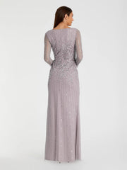 Purple High Neck Sequin Embellished Long Sleeve A Line Gown