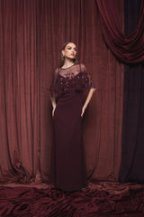 Burgundy Sleeveless Gown With Embellished Cape