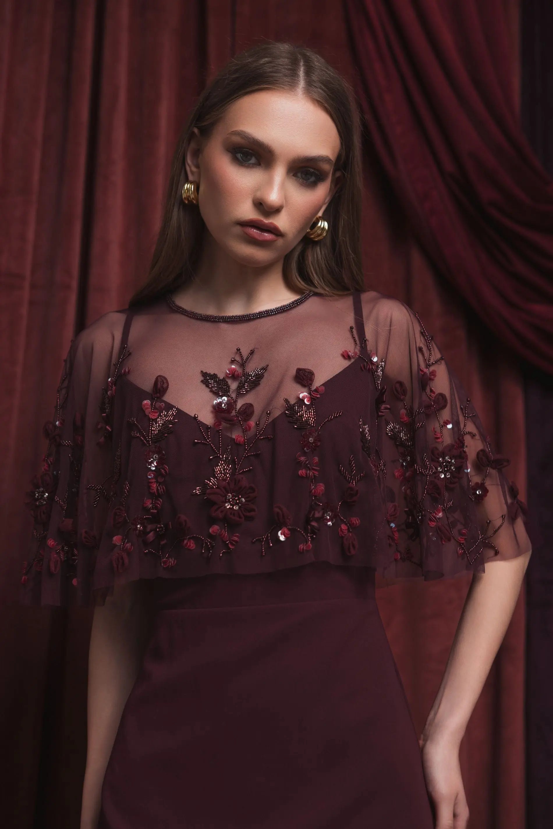 Burgundy Sleeveless Gown With Embellished Cape