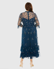 Navy High Neck Embellished Flutter Half Length Sleeve Dress