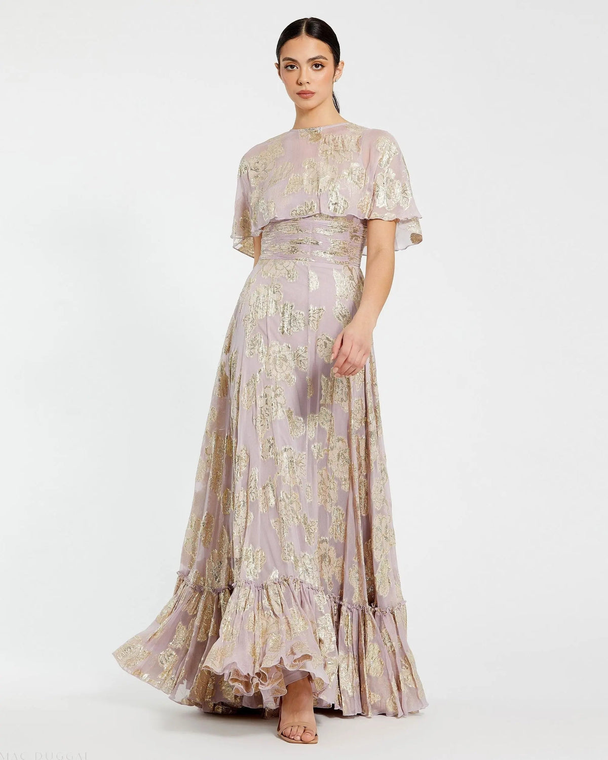 Purple Cape Sleeve A Line Floral Chiffon Gown