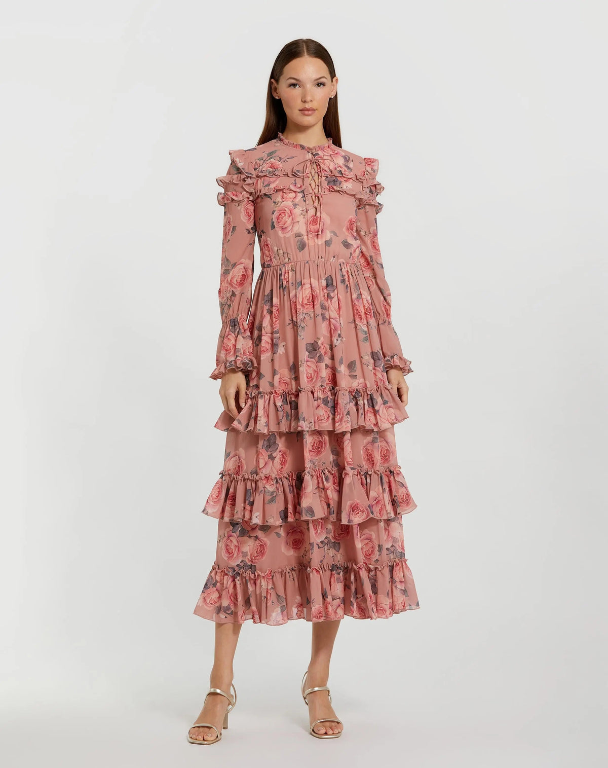 Pink Long Sleeve Lace Up Front Tiered Ruffle Dress