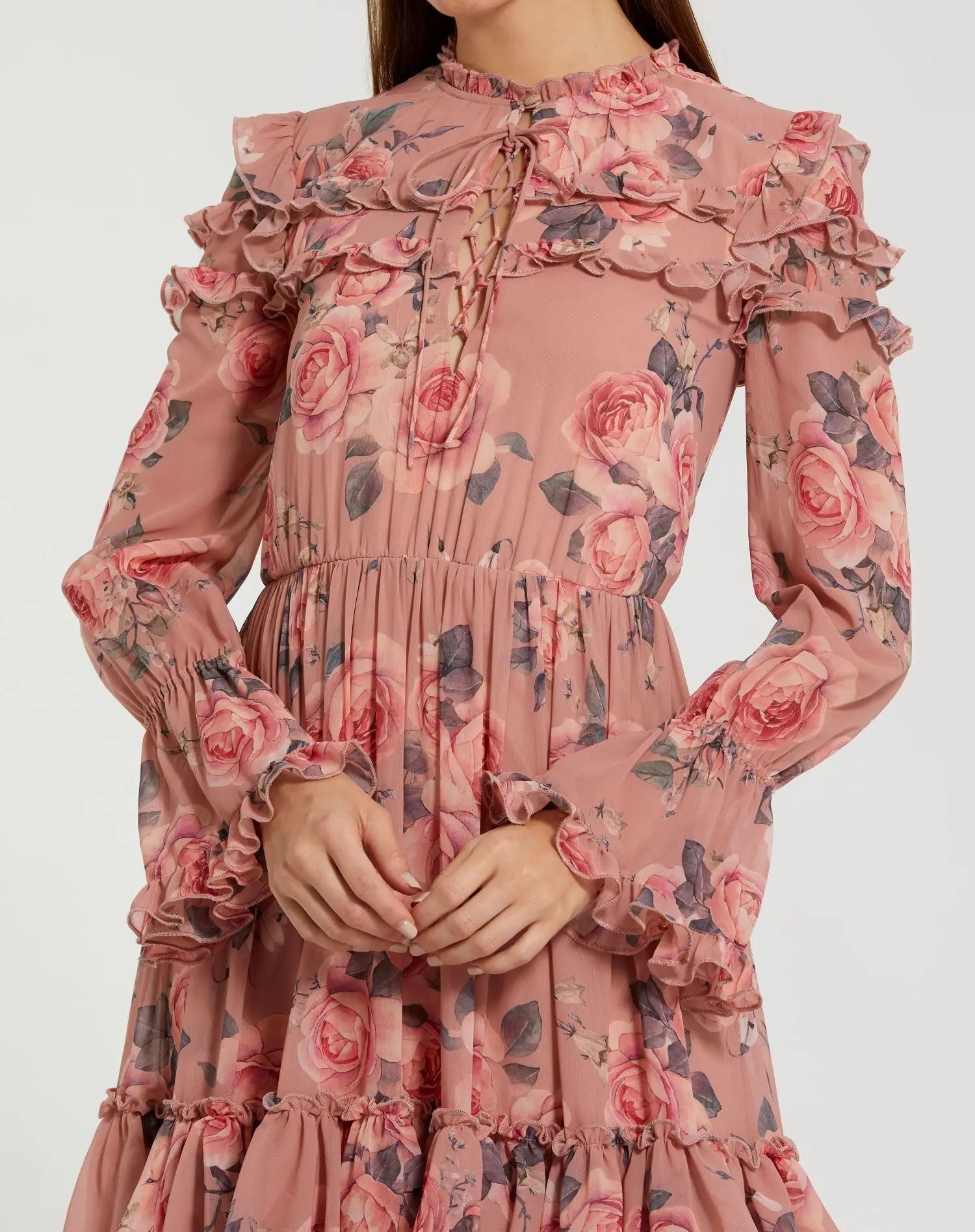 Pink Long Sleeve Lace Up Front Tiered Ruffle Dress