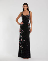 Black Floral Beaded Mesh Scoop Neck Sleeveless Gown