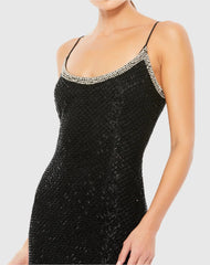 Black Beaded Spaghetti Strap Column Gown